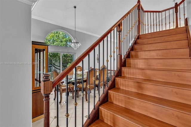 1811 SW 162nd Ave, Miramar, FL 33027 - stairs featuring crown molding, a chandelier, and tile patterned floors