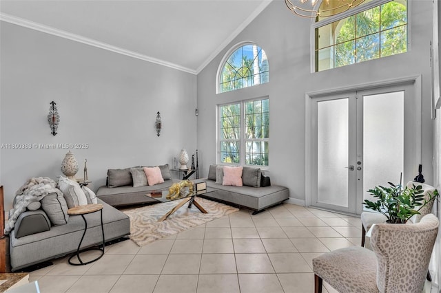 1811 SW 162nd Ave, Miramar, FL 33027 - living area featuring ornamental molding, a chandelier, light tile patterned floors, and high vaulted ceiling