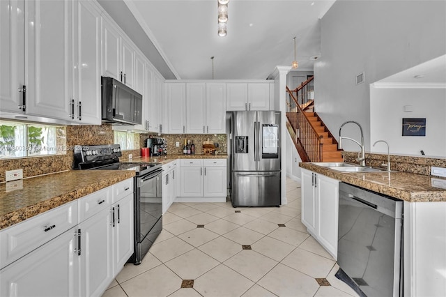 1811 SW 162nd Ave, Miramar, FL 33027 - kitchen featuring black appliances, ornamental molding, decorative backsplash, white cabinets, and light tile patterned floors