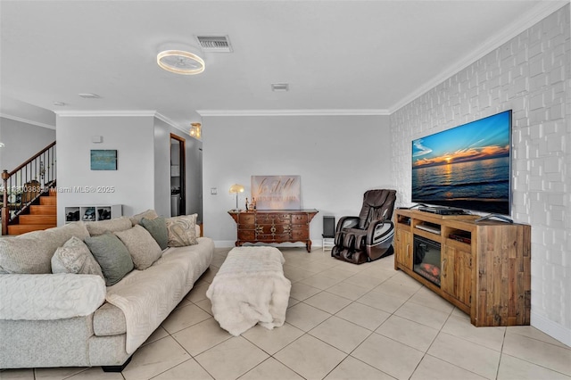 1811 SW 162nd Ave, Miramar, FL 33027 - living area with crown molding, stairs, and light tile patterned floors