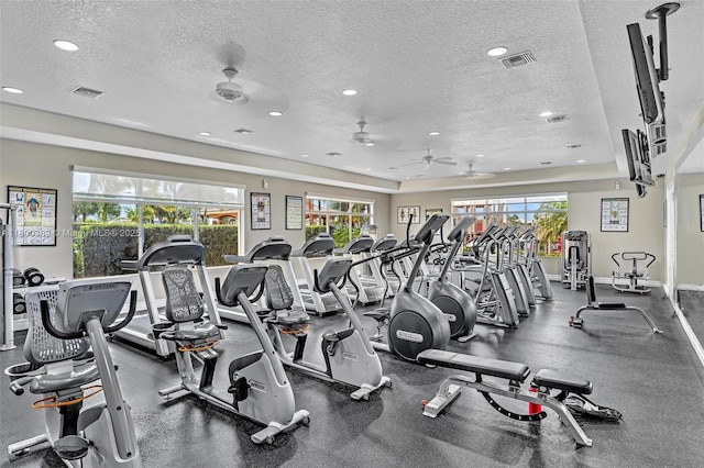 1811 SW 162nd Ave, Miramar, FL 33027 - workout area with a textured ceiling, a ceiling fan, and recessed lighting