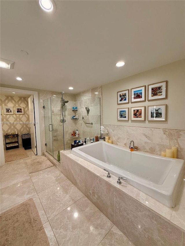 17001 Collins Ave Unit 3005, Sunny Isles Beach, FL 33160 - full bathroom with a shower stall, a garden tub, and recessed lighting