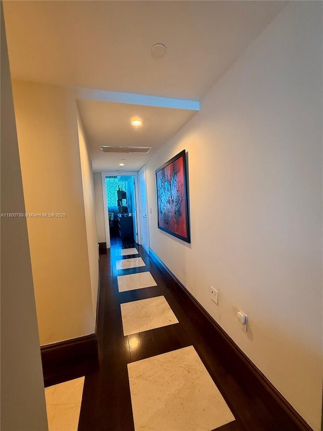 17001 Collins Ave Unit 3005, Sunny Isles Beach, FL 33160 - hall featuring wood-type flooring, baseboards, attic access, and recessed lighting