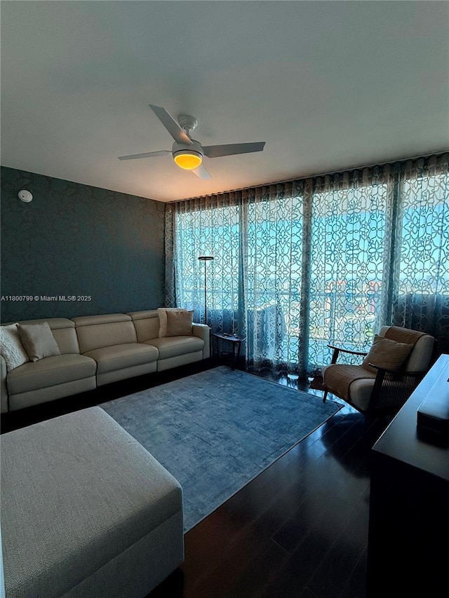 17001 Collins Ave Unit 3005, Sunny Isles Beach, FL 33160 - living room featuring dark wood-type flooring, plenty of natural light, and ceiling fan