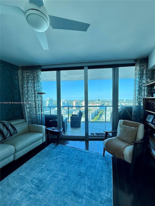 17001 Collins Ave Unit 3005, Sunny Isles Beach, FL 33160 - living room with hardwood / wood-style floors, a city view, ceiling fan, and expansive windows