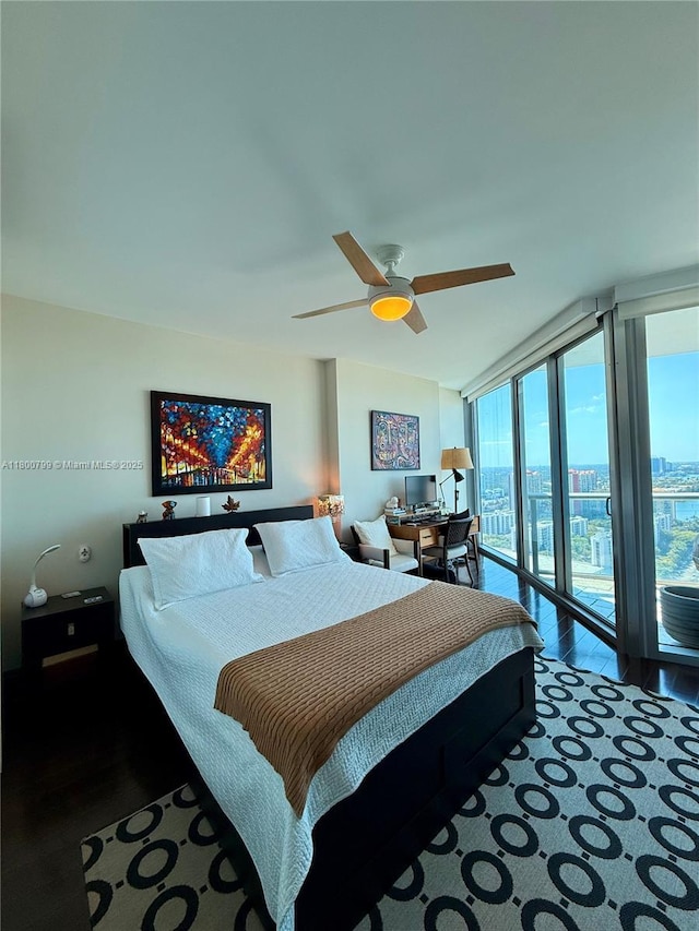 17001 Collins Ave Unit 3005, Sunny Isles Beach, FL 33160 - bedroom with wood finished floors, multiple windows, a wall of windows, access to exterior, and ceiling fan