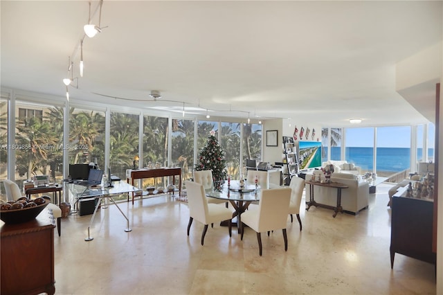 dining space featuring a wall of windows, plenty of natural light, and a water view