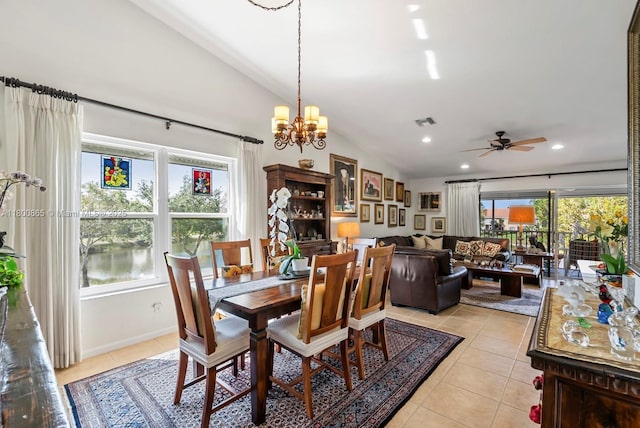 6893 Sterling Grns Unit 201, Naples, FL 34104 - dining space with lofted ceiling, light tile patterned floors, a ceiling fan, plenty of natural light, and recessed lighting