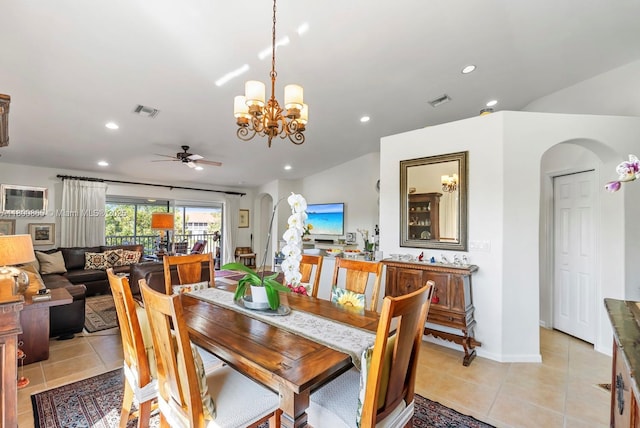 6893 Sterling Grns Unit 201, Naples, FL 34104 - dining space with arched walkways, light tile patterned floors, ceiling fan, recessed lighting, and a chandelier
