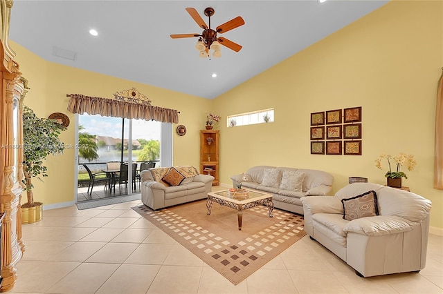 23157 Addison Lakes Cir, Boca Raton, FL 33433 - living area with high vaulted ceiling, a ceiling fan, healthy amount of natural light, light tile patterned floors, and recessed lighting