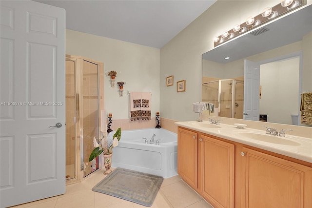23157 Addison Lakes Cir, Boca Raton, FL 33433 - full bath featuring a shower stall, a bath, tile patterned flooring, and double vanity