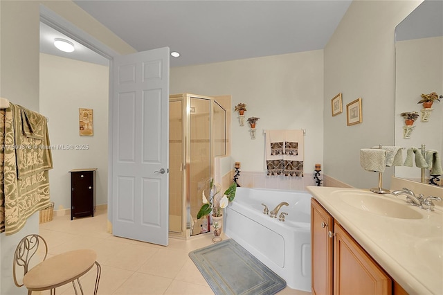 23157 Addison Lakes Cir, Boca Raton, FL 33433 - bathroom featuring a bath, tile patterned floors, a stall shower, and vanity
