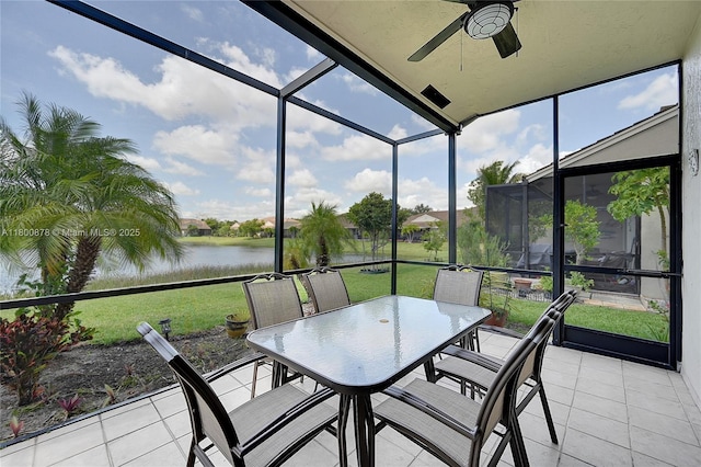 23157 Addison Lakes Cir, Boca Raton, FL 33433 - sunroom / solarium with ceiling fan, a water view, and outdoor dining space