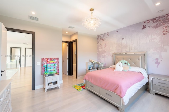 9625 Vescovato Way, Boca Raton, FL 33496 - bedroom with light wood-style floors, wallpapered walls, baseboards, a chandelier, and recessed lighting