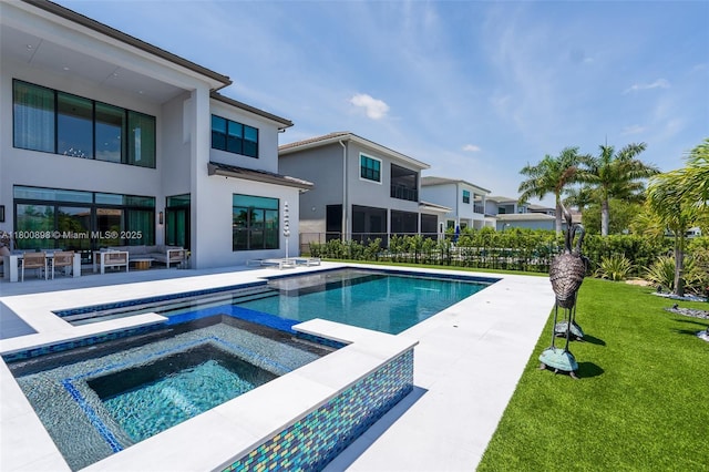 9625 Vescovato Way, Boca Raton, FL 33496 - view of swimming pool with a lawn, a patio area, a pool with connected hot tub, and an outdoor living space