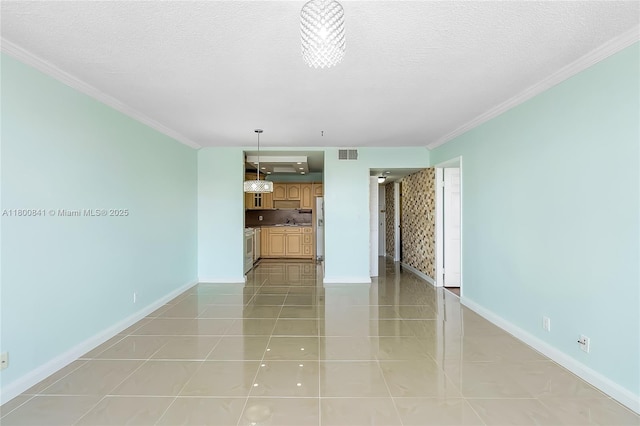 unfurnished living room with crown molding, baseboards, a textured ceiling, and light tile patterned floors