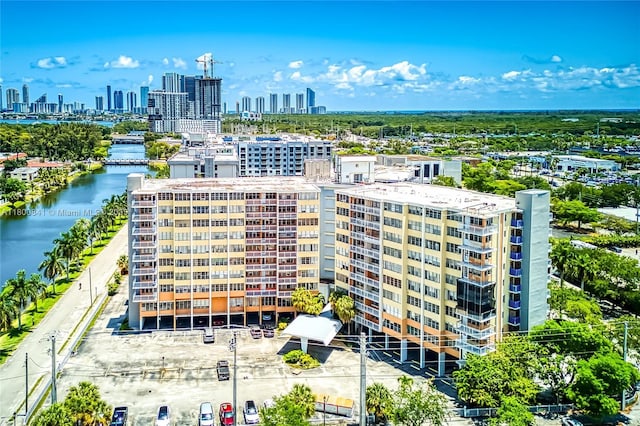 aerial view of a view of skyline and a nearby body of water