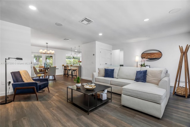 9621 SW 59th Ter, Miami, FL 33173 - living area featuring dark wood finished floors, baseboards, a chandelier, and recessed lighting