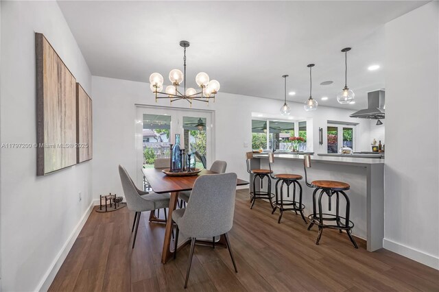 9621 SW 59th Ter, Miami, FL 33173 - dining room featuring dark wood finished floors, baseboards, a chandelier, and recessed lighting