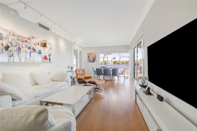 20505 E Country Club Dr Unit 143, Aventura, FL 33180 - living room with track lighting, light wood-style flooring, and ornamental molding