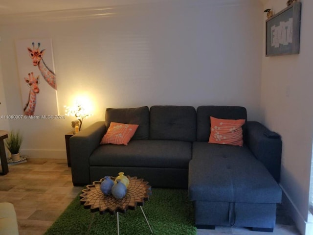 living area featuring wood finished floors, baseboards, and crown molding