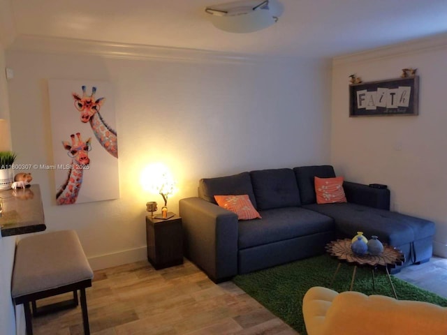 living room featuring light wood-style floors, ornamental molding, and baseboards