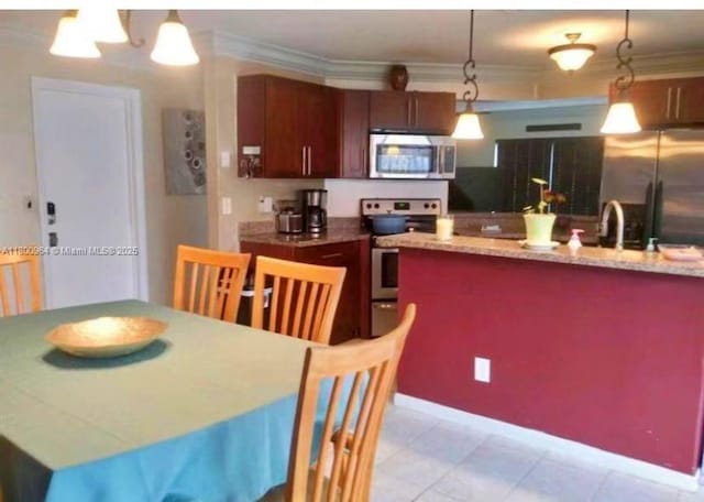 3734 NW 107th Way, Sunrise, FL 33351 - kitchen featuring stainless steel appliances, a sink, hanging light fixtures, crown molding, and light stone countertops
