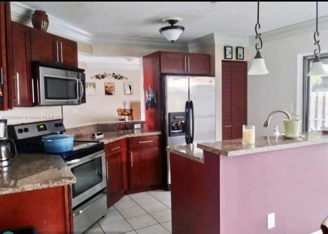 3734 NW 107th Way, Sunrise, FL 33351 - kitchen with stainless steel appliances, crown molding, dark brown cabinets, light tile patterned floors, and light stone countertops