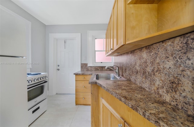 1621 Van Buren St, Hollywood, FL 33020 - kitchen featuring white appliances, a sink, decorative backsplash, light brown cabinets, and dark countertops