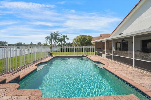 view of pool with a fenced backyard, a sunroom, and a ceiling fan