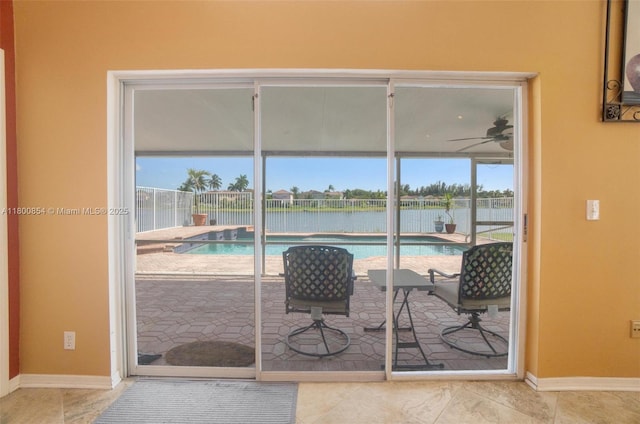 view of pool with ceiling fan and a water view