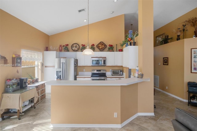 kitchen featuring stainless steel appliances, high vaulted ceiling, light countertops, white cabinets, and a peninsula