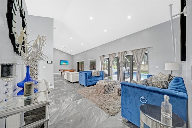 5260 NW 74th Ter, Lauderhill, FL 33319 - living room with marble tiled floors, high vaulted ceiling, and recessed lighting