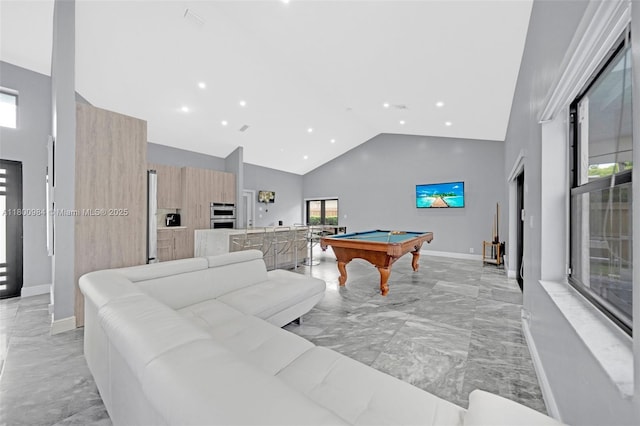 5260 NW 74th Ter, Lauderhill, FL 33319 - rec room with high vaulted ceiling, light marble finish flooring, billiards, baseboards, and recessed lighting