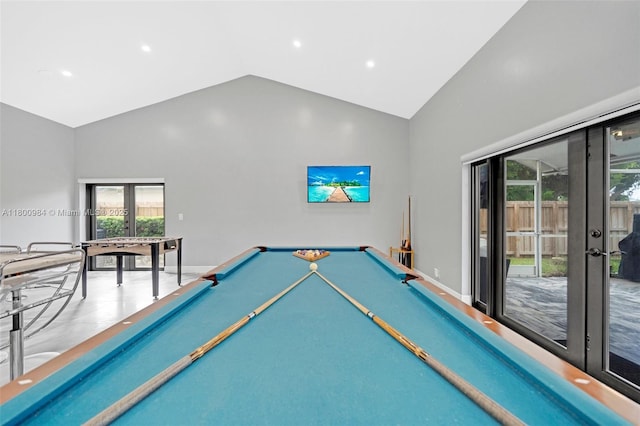 5260 NW 74th Ter, Lauderhill, FL 33319 - playroom with french doors, high vaulted ceiling, billiards table, baseboards, and recessed lighting
