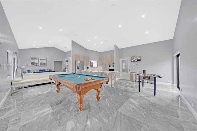 5260 NW 74th Ter, Lauderhill, FL 33319 - playroom with light marble finish flooring, high vaulted ceiling, baseboards, billiards, and recessed lighting