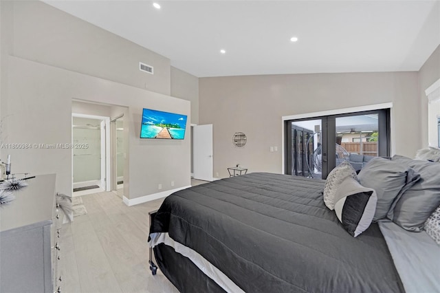 5260 NW 74th Ter, Lauderhill, FL 33319 - bedroom featuring light wood-type flooring, recessed lighting, french doors, baseboards, and vaulted ceiling