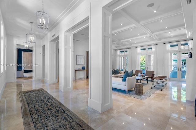 community lobby with coffered ceiling, recessed lighting, beamed ceiling, and crown molding