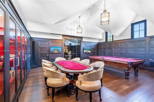 playroom featuring lofted ceiling, dark wood-style flooring, billiards, and a decorative wall