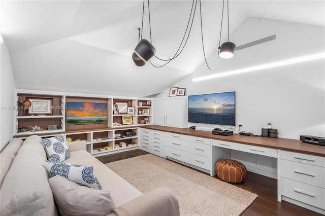 living room featuring lofted ceiling and dark wood-type flooring