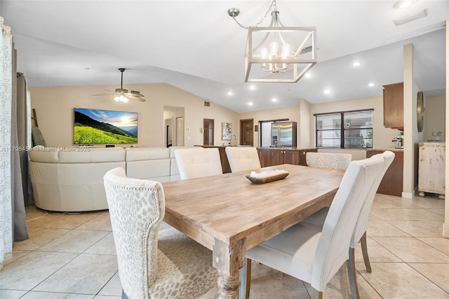15251 SW 154th Ave, Miami, FL 33187 - dining space with lofted ceiling, light tile patterned floors, recessed lighting, a chandelier, and a ceiling fan