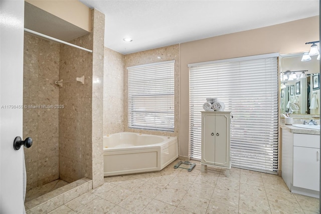 15251 SW 154th Ave, Miami, FL 33187 - bathroom with tiled shower, vanity, a bath, and tile patterned floors