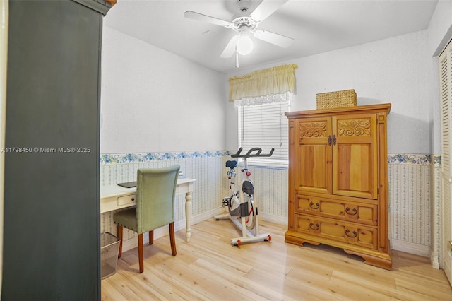 15251 SW 154th Ave, Miami, FL 33187 - office with wallpapered walls, light wood-style flooring, wainscoting, baseboards, and ceiling fan