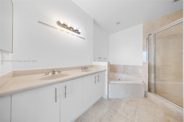 7910 Harbor Island Dr Unit 1208, North Bay Village, FL 33141 - full bathroom featuring a stall shower, a bath, double vanity, and marble finish flooring