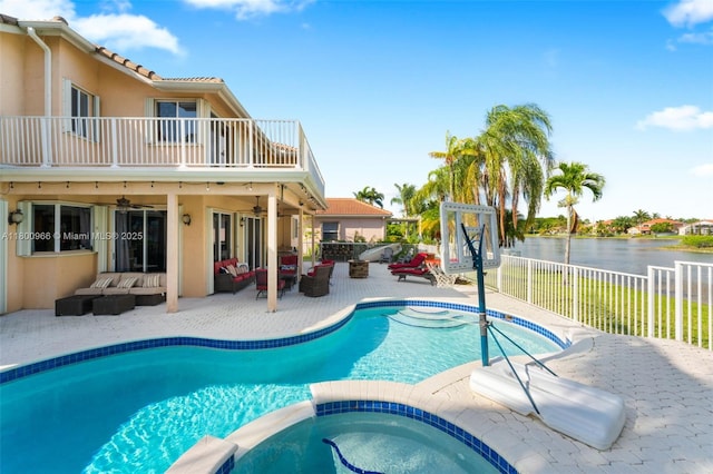 1106 NW 180th Ave, Pembroke Pines, FL 33029 - view of swimming pool with an outdoor hangout area, ceiling fan, a fenced backyard, and a patio
