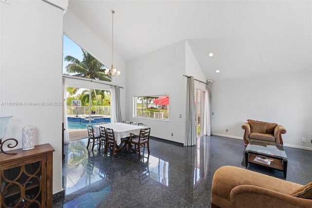 1106 NW 180th Ave, Pembroke Pines, FL 33029 - dining area featuring baseboards, high vaulted ceiling, granite tiled floors, a chandelier, and recessed lighting
