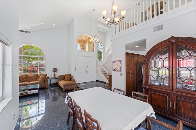 1106 NW 180th Ave, Pembroke Pines, FL 33029 - dining area featuring a chandelier, high vaulted ceiling, stairway, and recessed lighting
