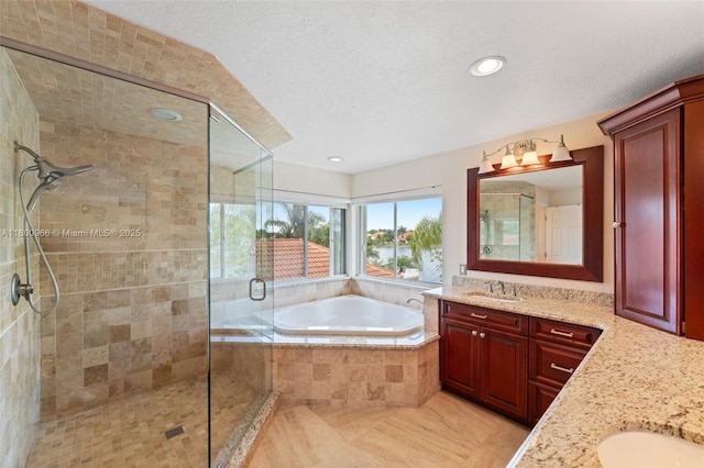 1106 NW 180th Ave, Pembroke Pines, FL 33029 - bathroom with a bath, a stall shower, vanity, tile patterned floors, and recessed lighting