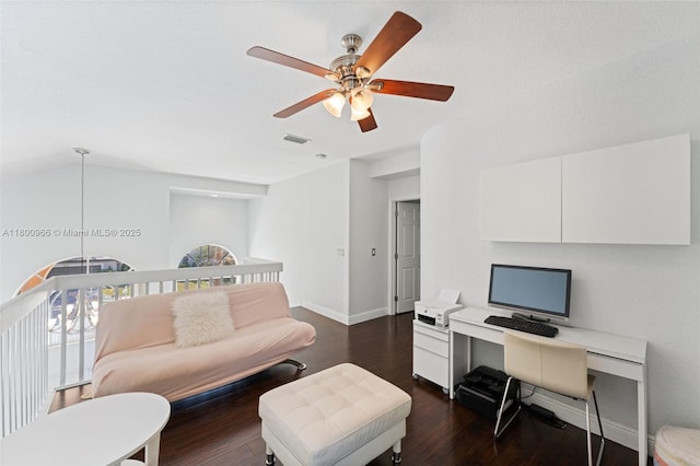 1106 NW 180th Ave, Pembroke Pines, FL 33029 - living area featuring a ceiling fan, dark wood finished floors, baseboards, and lofted ceiling