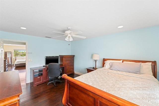 1106 NW 180th Ave, Pembroke Pines, FL 33029 - bedroom featuring dark wood-style floors, an office area, baseboards, recessed lighting, and a ceiling fan